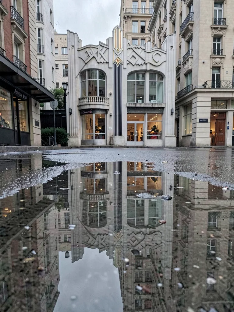 A rain puddle reflecting entire Art Deco building, real building just visible at