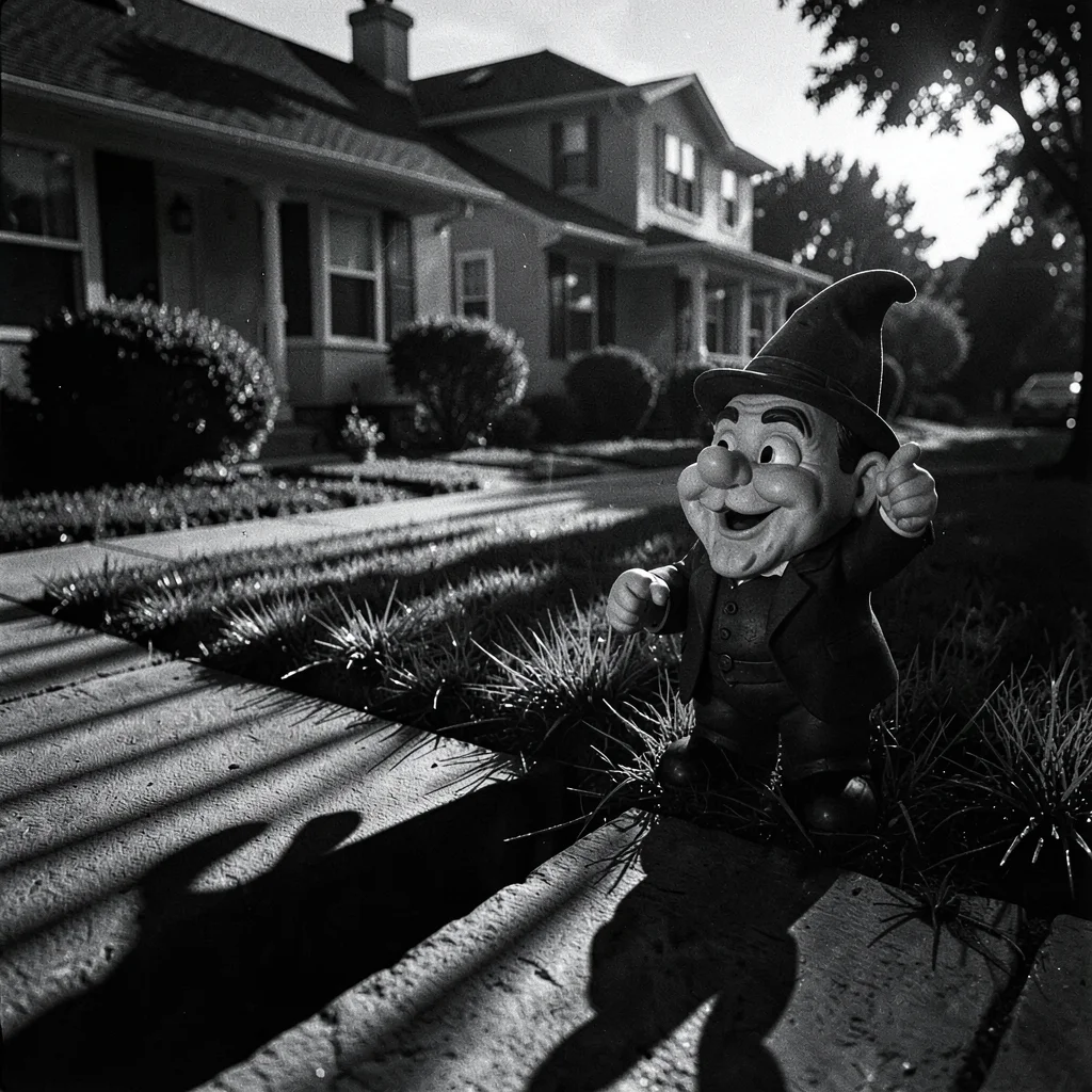 Garden gnome casting sinister shadow, kitschy lawn ornament as witness
