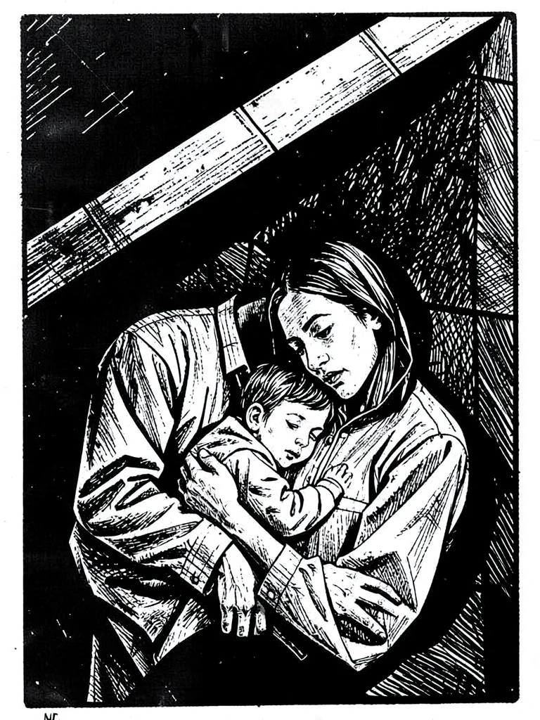 Mother and child huddled together under an angular shadow