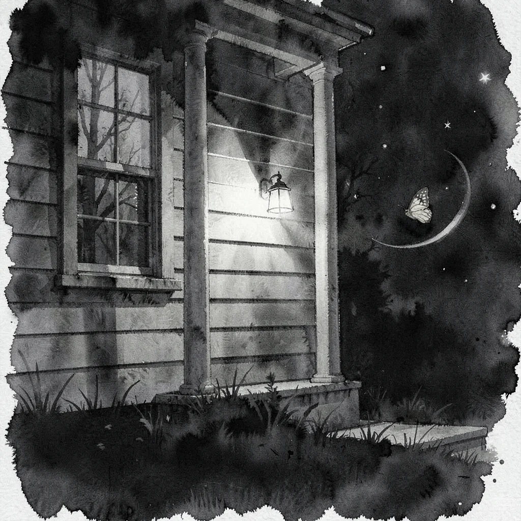 Bare porch light glowing at midnight against a clapboard wall, a moth circling, 