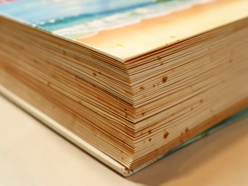 Fore-edge painting on summer reading paperback, beach scene visible when pages f