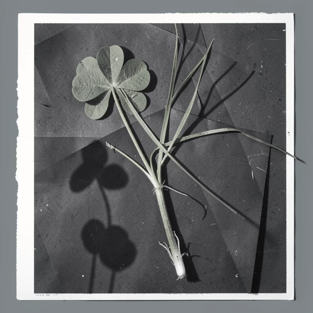 A botanical photogram — pressed clover and grass stems on dark ground