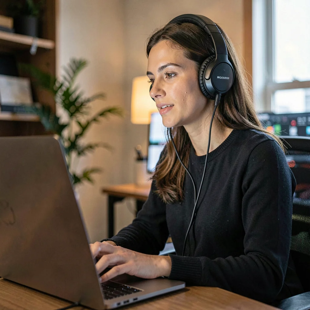 Three-quarter portrait of a digital coordinator at a laptop with headphones on, 