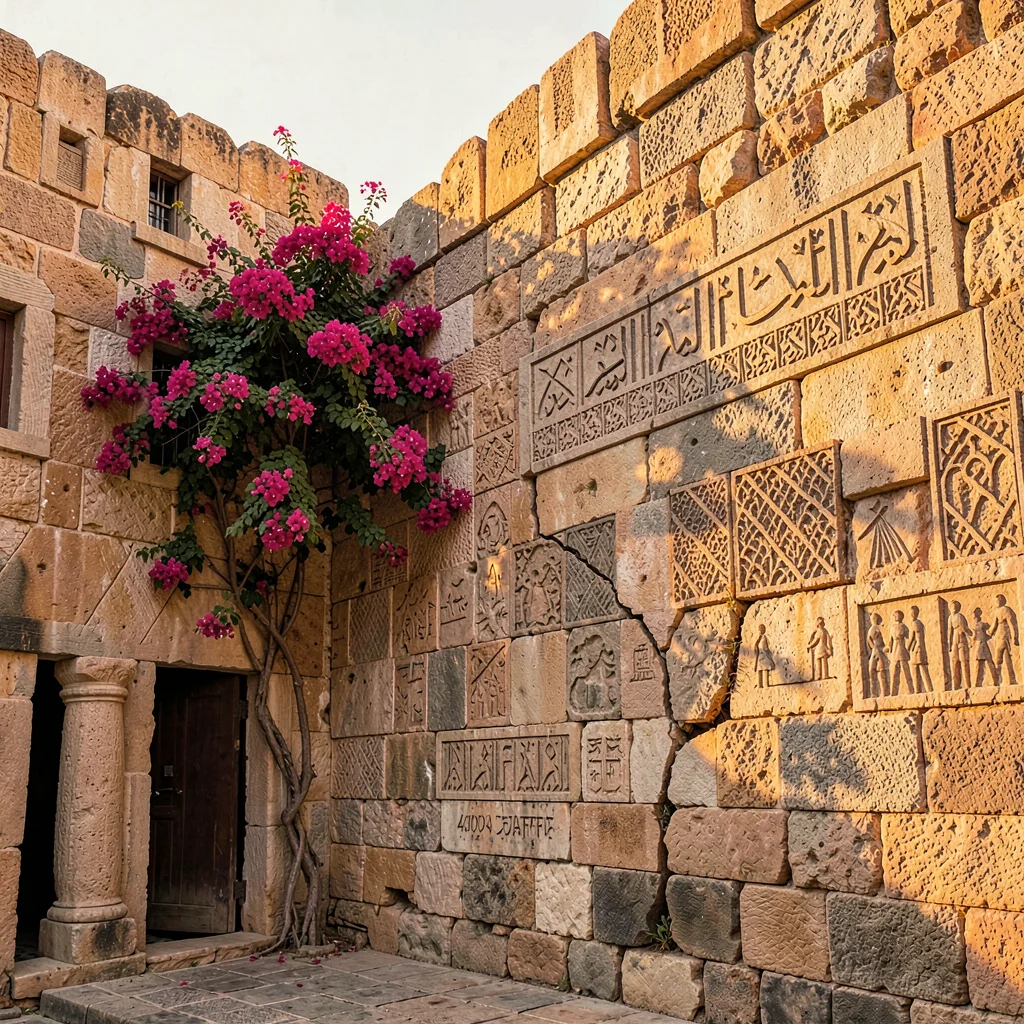 Old Jaffa time-layered, ancient port stone warmth, Bougainvillea growing from cr