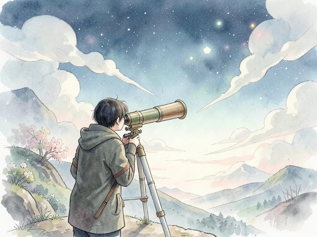 Person looking through telescope, what they see fills the entire sky around them