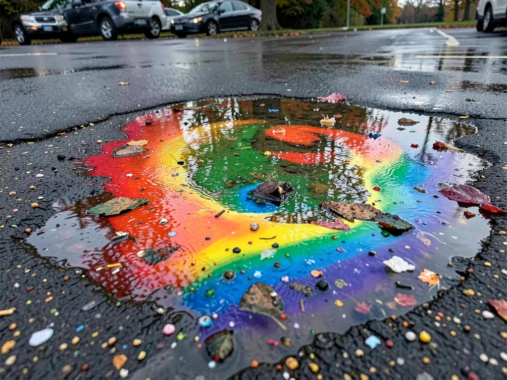 Oil rainbow slick in parking lot puddle photographed beautifully