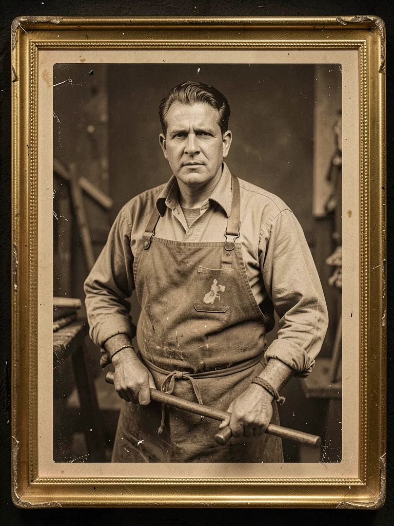 Blacksmith at his forge, leather apron, heavy arms, one hand on hammer, looking 