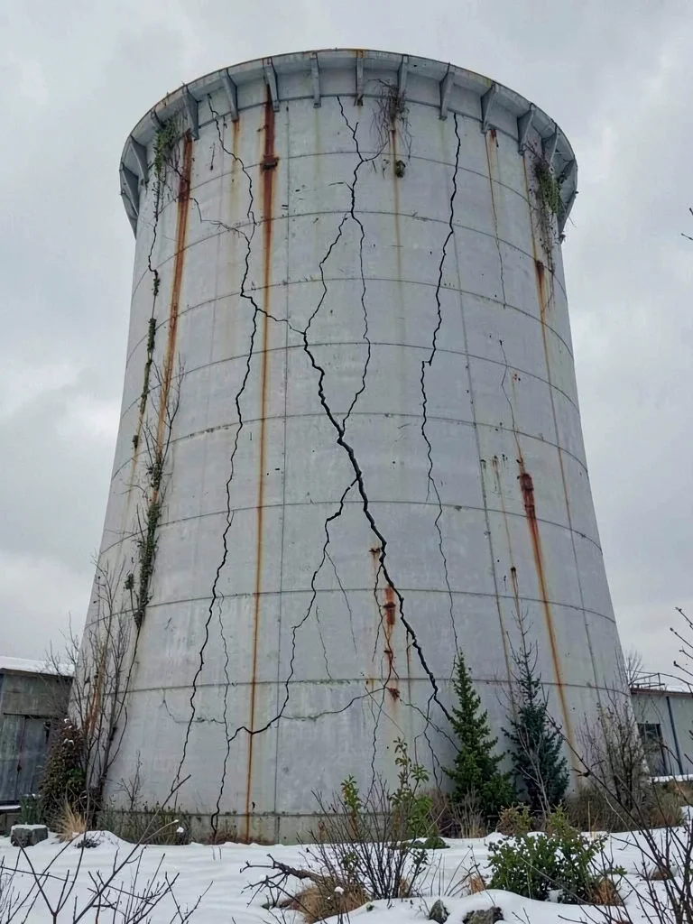 Cooling tower exterior in flat winter light with hairline cracks tracing a delta
