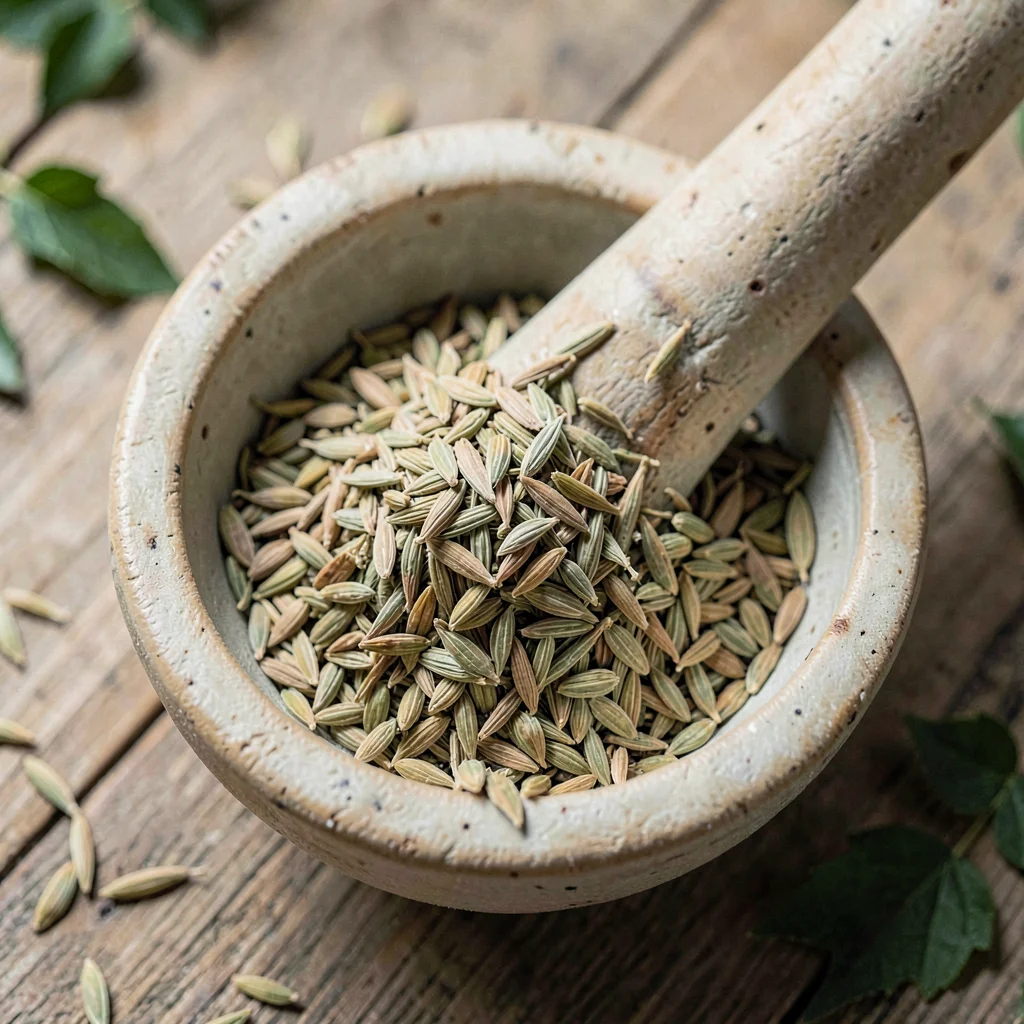 Botanical overhead of crushed milk thistle seeds in a small ceramic mortar