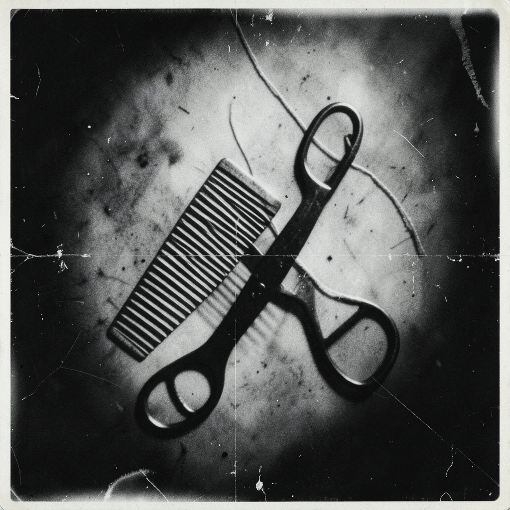 Man Ray-style rayograph: a comb, scissors, and thread creating overlapping shado