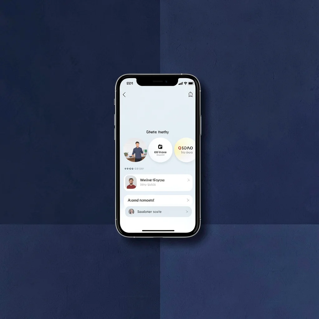 Catalog shot of a smartphone showing an app interface mockup on a deep navy colo