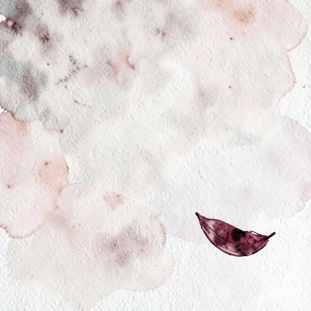 A solitary drifting petal floats at the lower-right in burgundy against pale ros