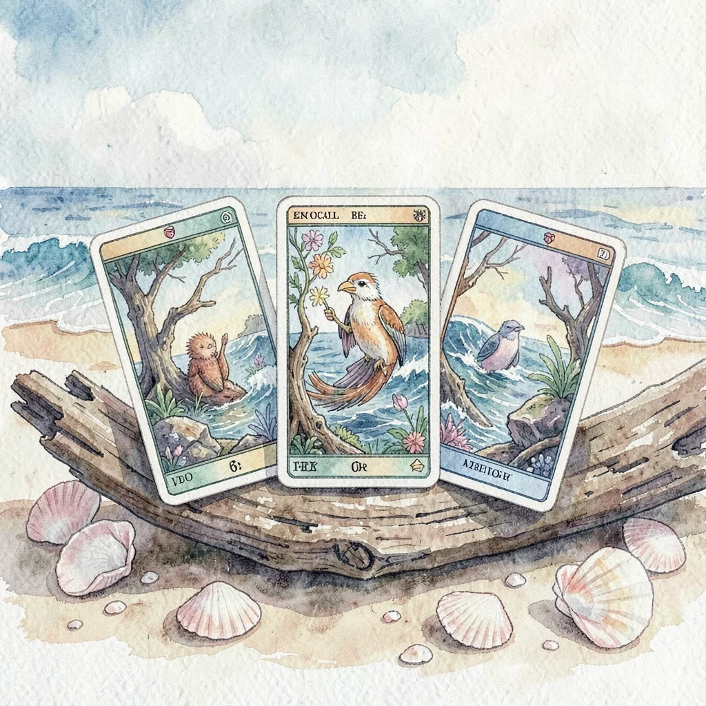 Social tile two, three tarot cards balanced on weathered driftwood among scatter