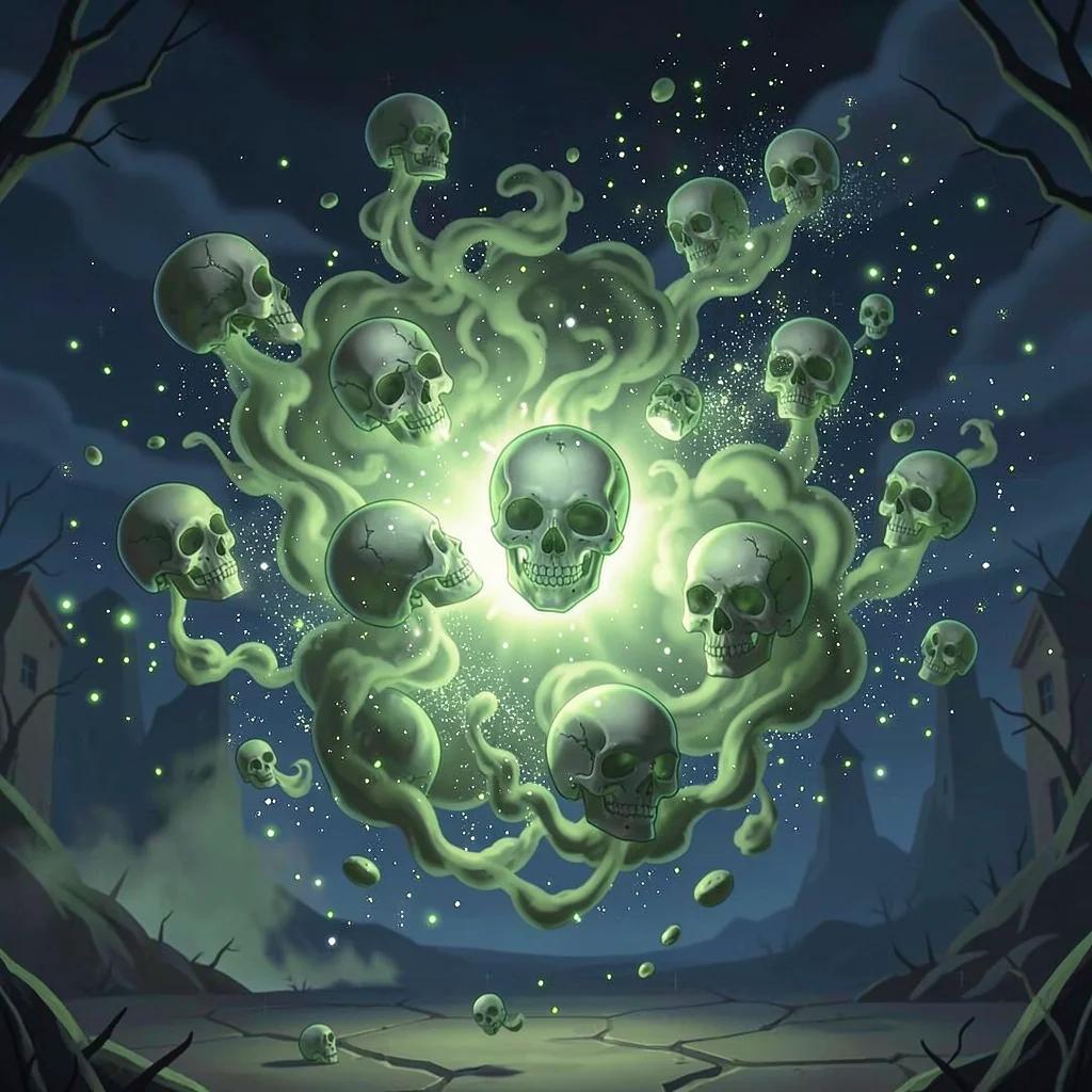 Magic spell effect illustration, poison cloud spell, sickly green gas with skull