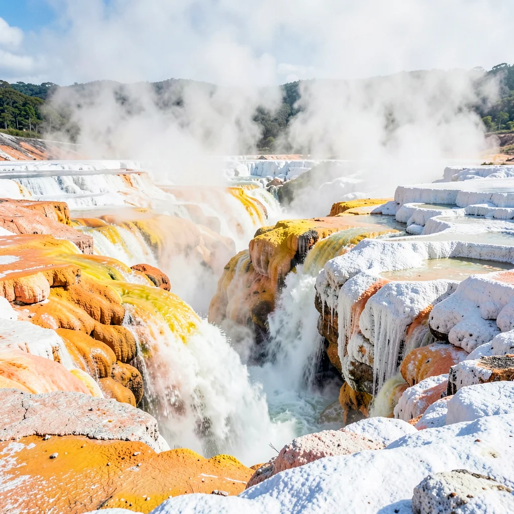 Rotorua geothermal landscape, active earth palette, Thermal waterfall cascading 