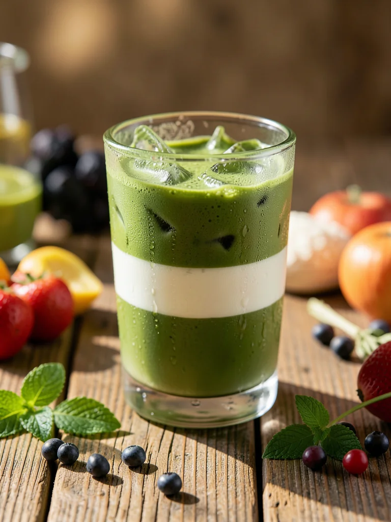 Iced matcha latte in a clear glass, layers of green and white, condensation on g