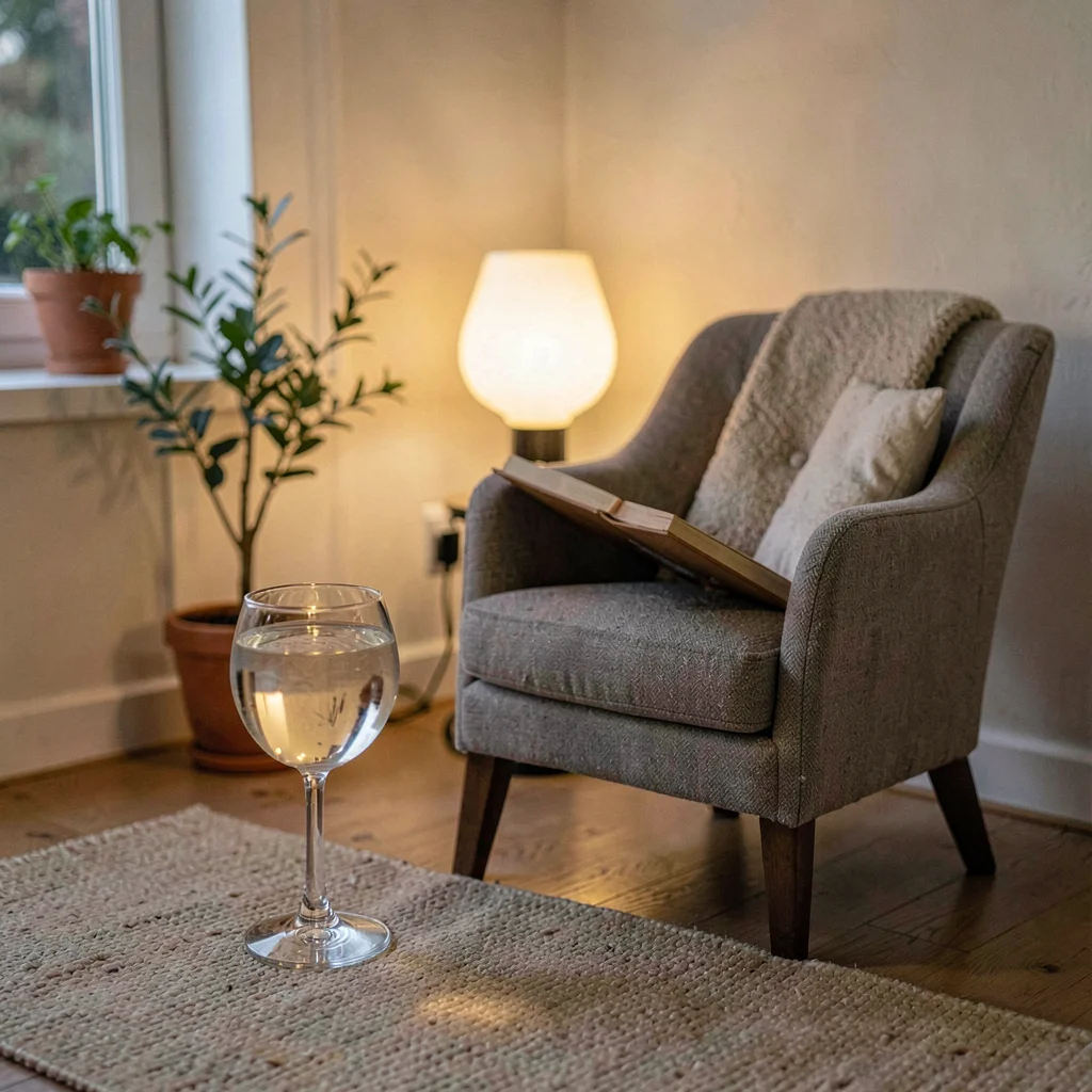 Cozy lifestyle of a goblet of water beside a small reading nook chair, low warm 