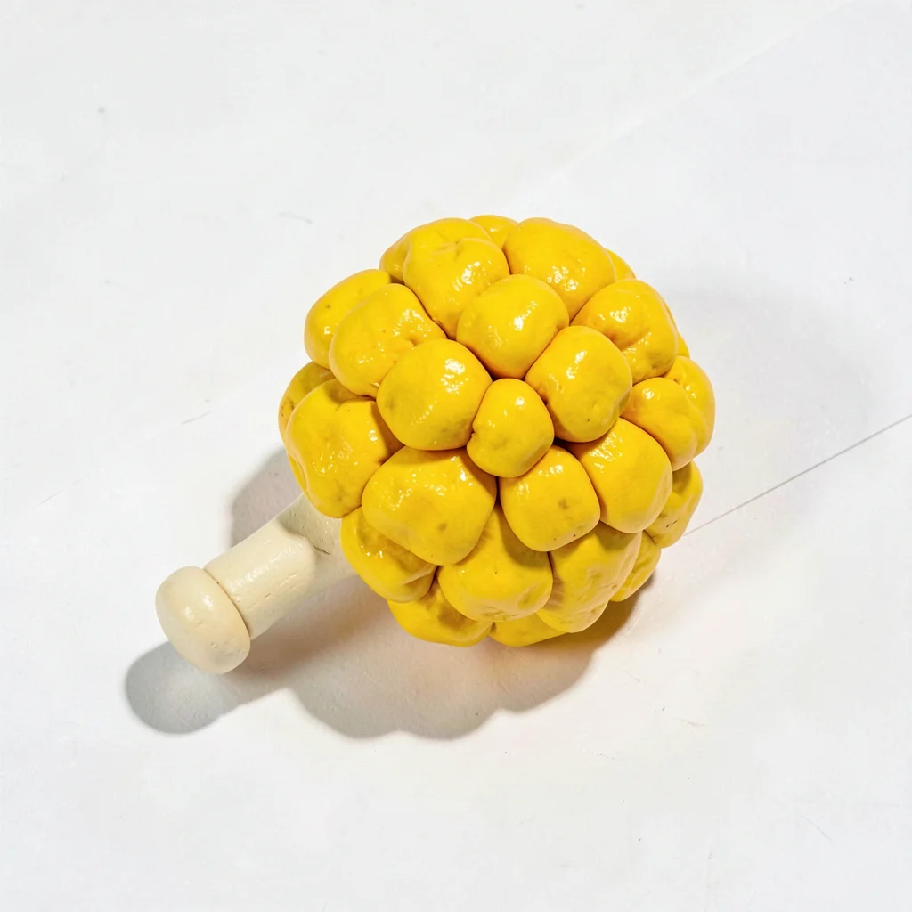 Spirited chunky clay pom-pom in primary yellow with stubby cream-toned handle an