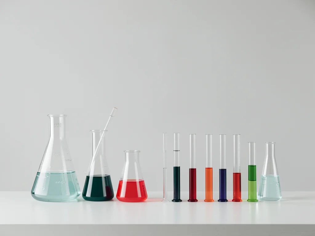 Science lab with beakers and test tubes, colored liquids, clean modern setup