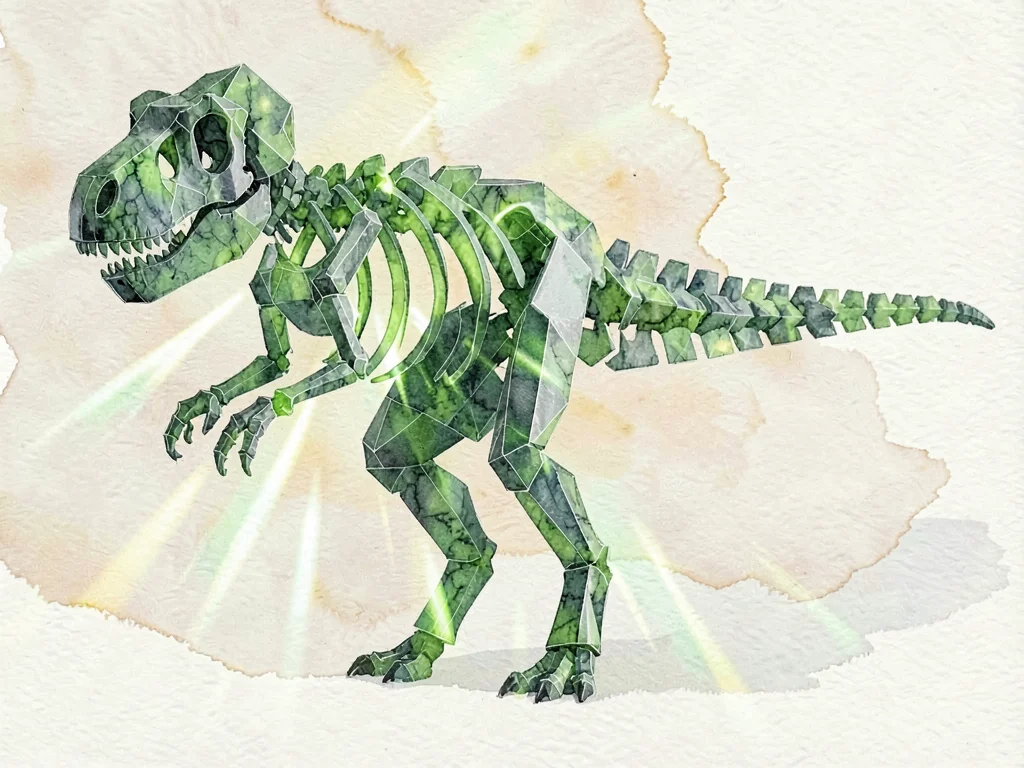 Massive emerald lowpoly t-rex skeleton outline reduced to faceted glass planes t