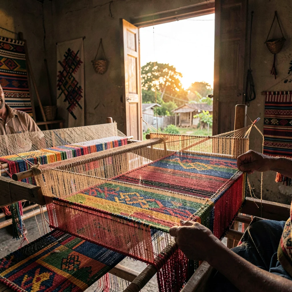 Kumasi kente weaving process, strip loom geometry, Sunset light through open wor