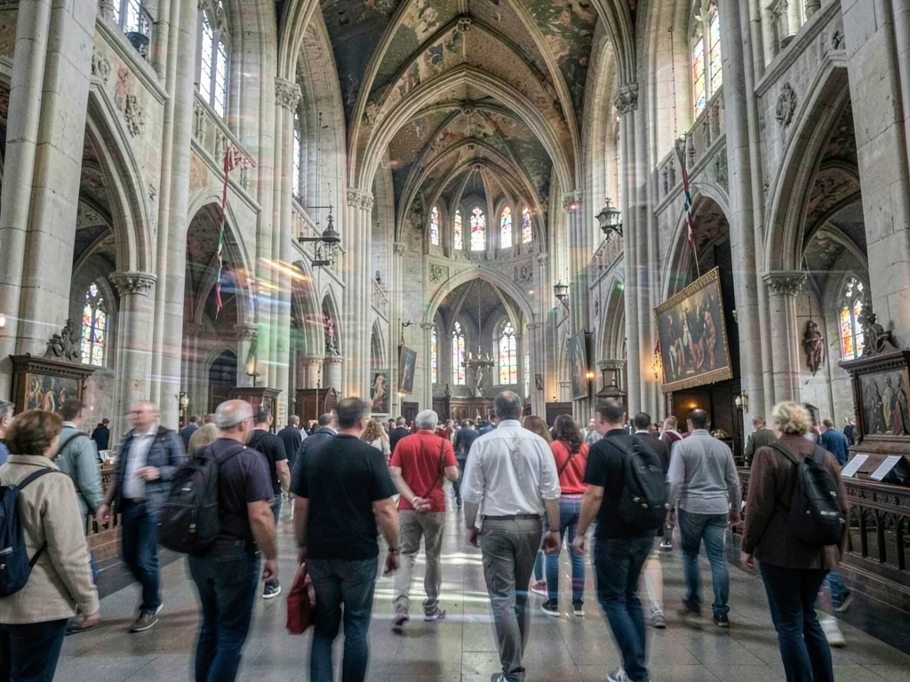 Cathedral interior with one hour of tourist movement ghosted together