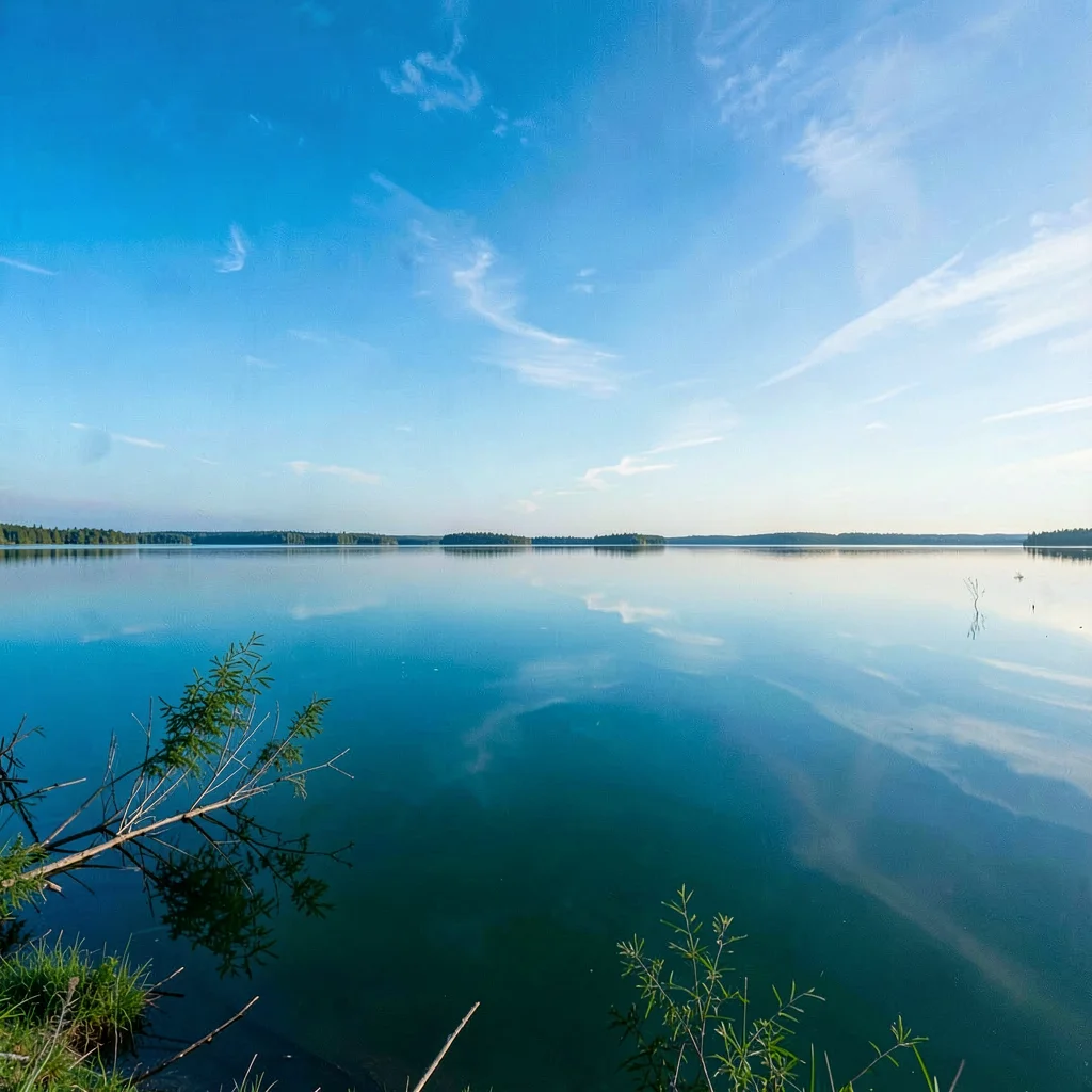 Finnish lake mirror, dead-calm reflection, Blue sky meeting blue-green water, ho