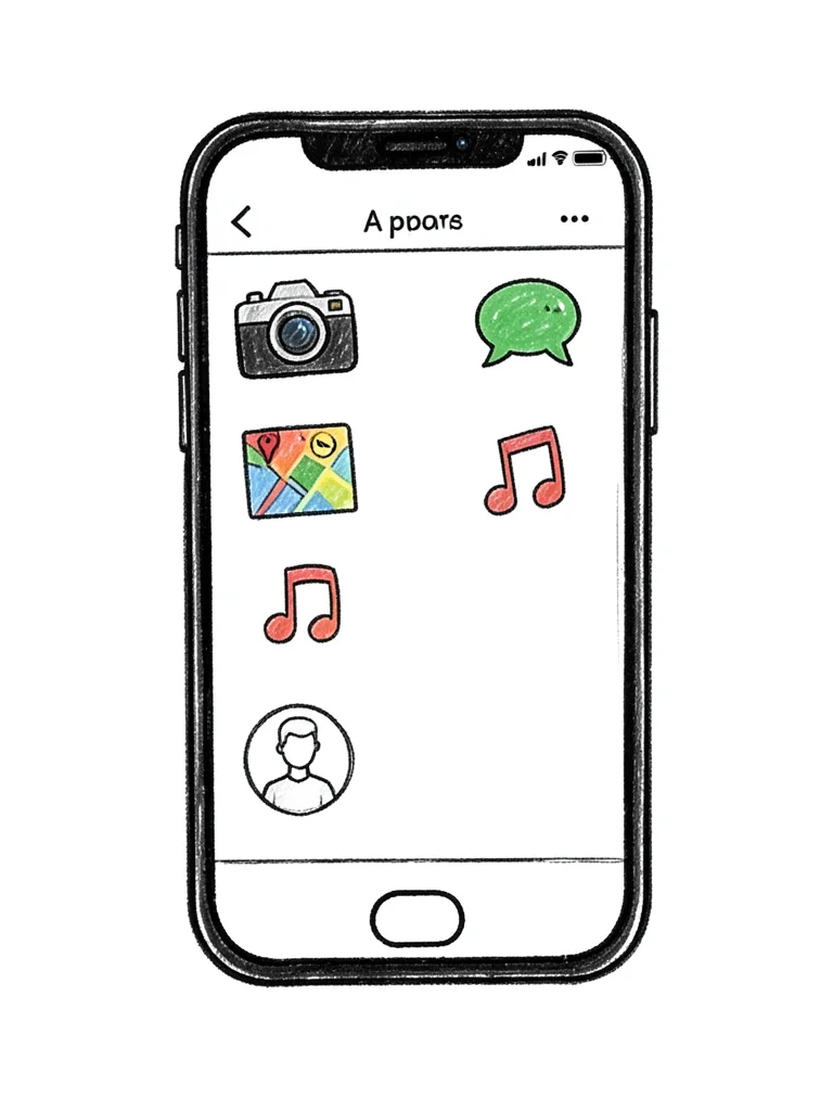 A hand-drawn phone screen showing an app layout with doodle icons: camera, chat,