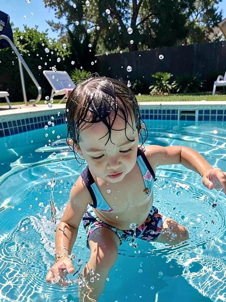 Child climbing out of swimming pool at noon, water drops catching brutal sun