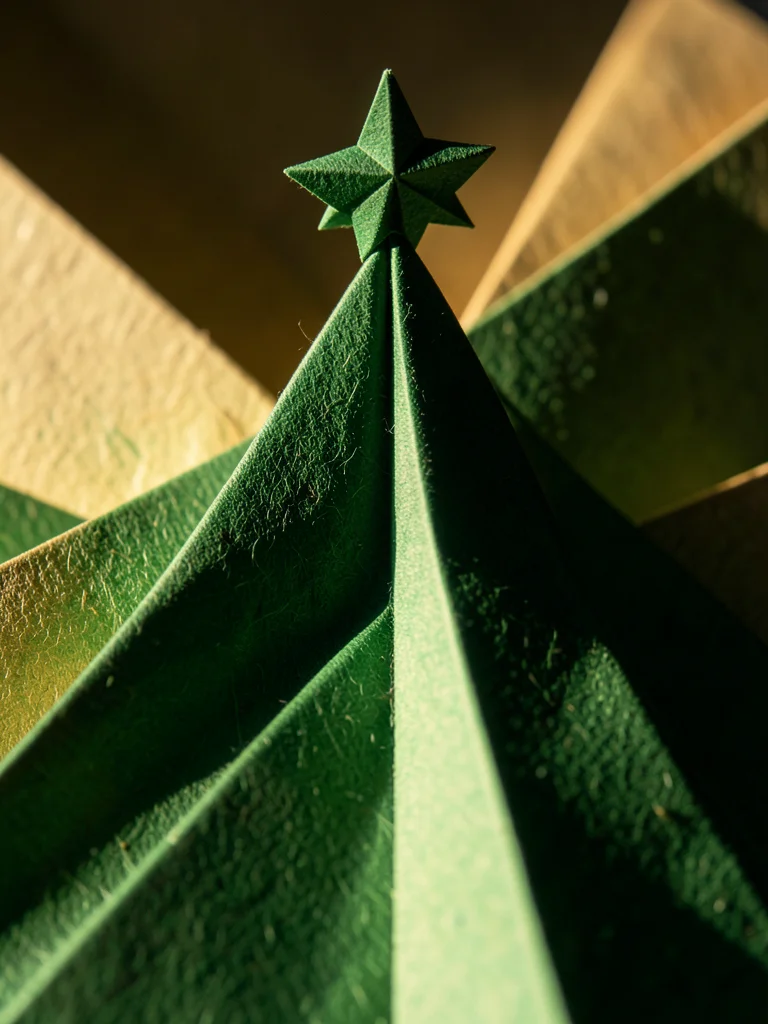 Origami Christmas tree from green paper, star on top, macro fold detail