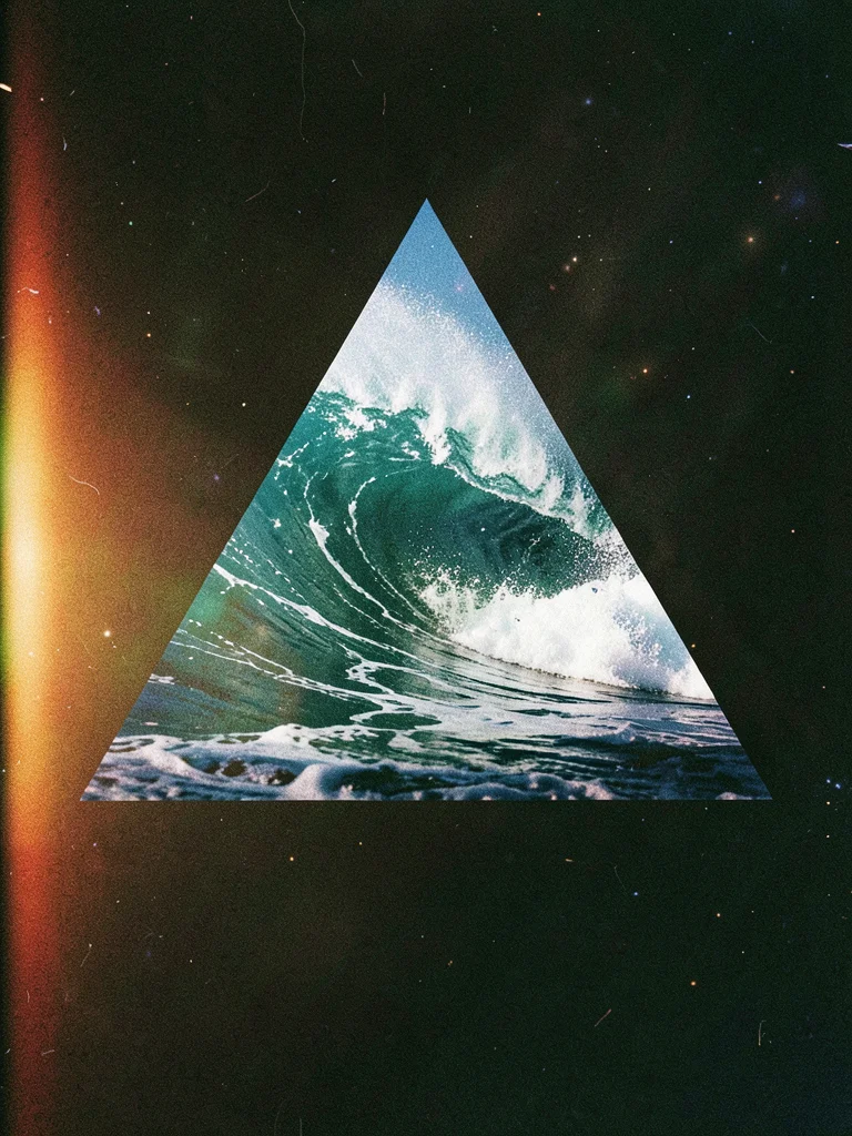 Triangle silhouette containing a crashing ocean wave, foam and spray filling the