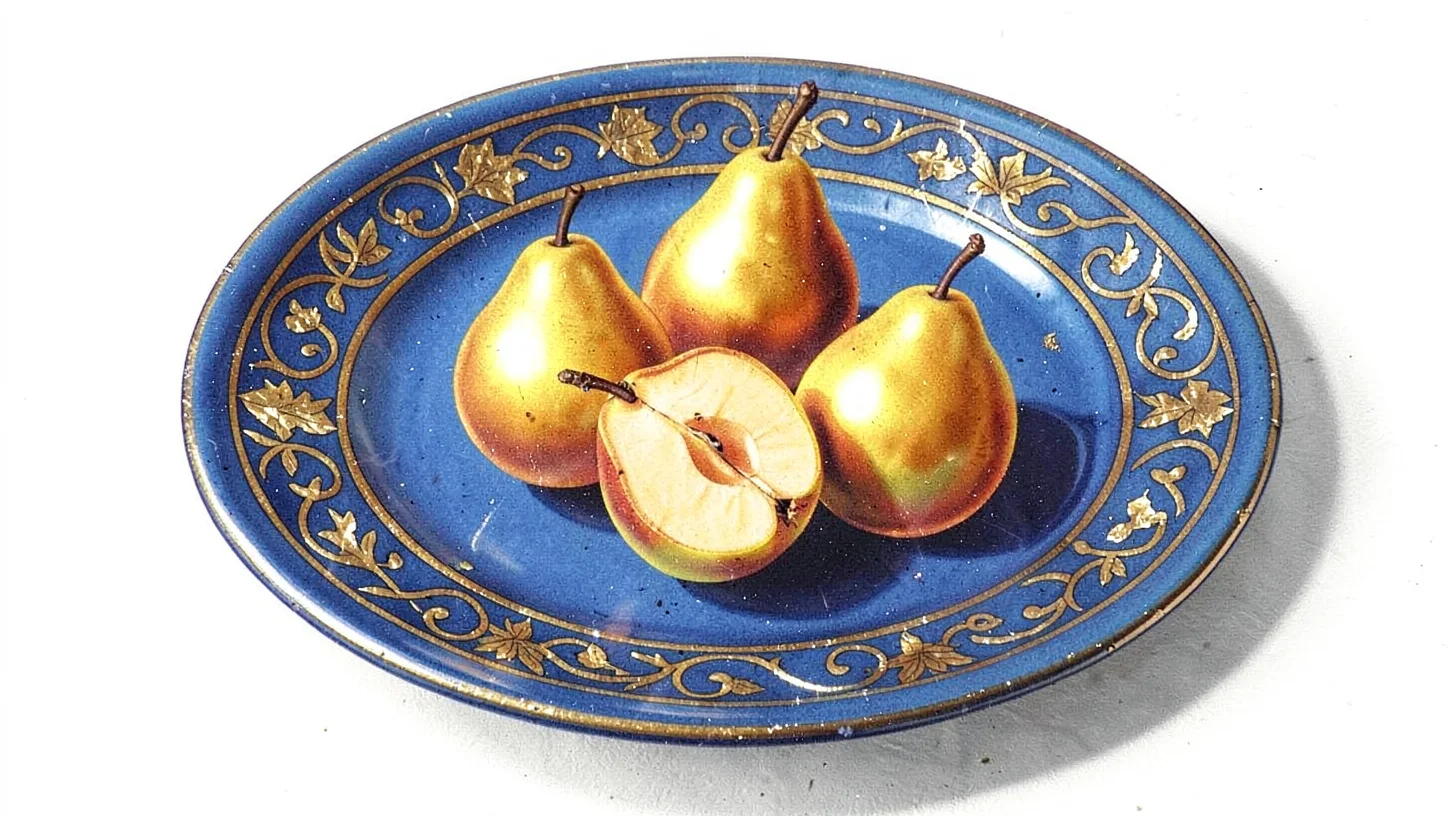 Egg tempera illustration, golden pears on blue ceramic plate , yolk-bound pigmen