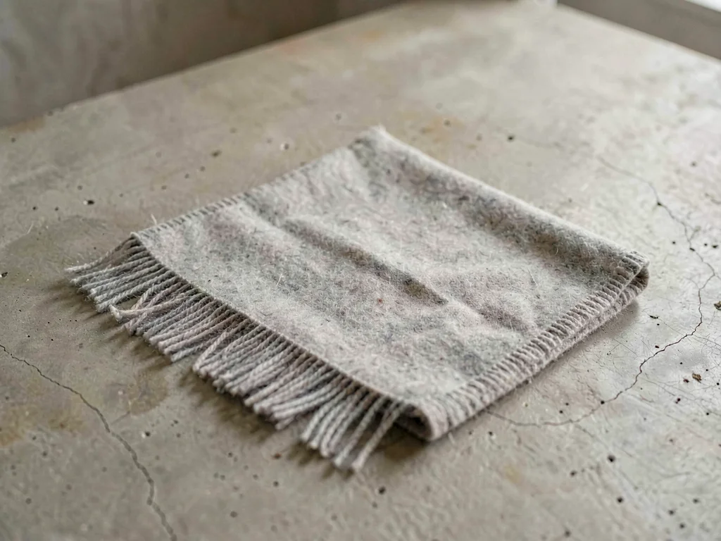 A folded square of dove-grey wool muffler with raw fringe resting alone on washe