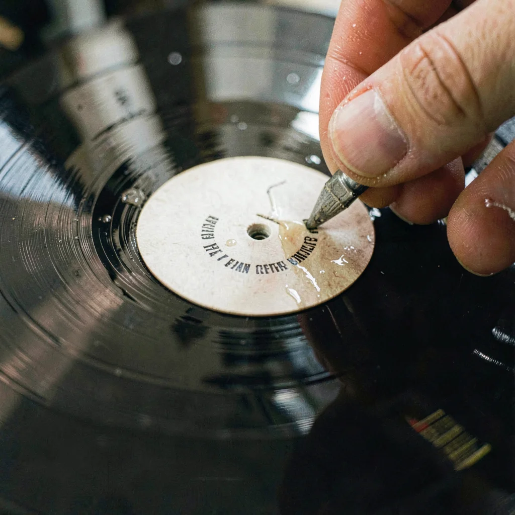 Macro of a stamped center label being applied wet to a fresh LP, fiber grain