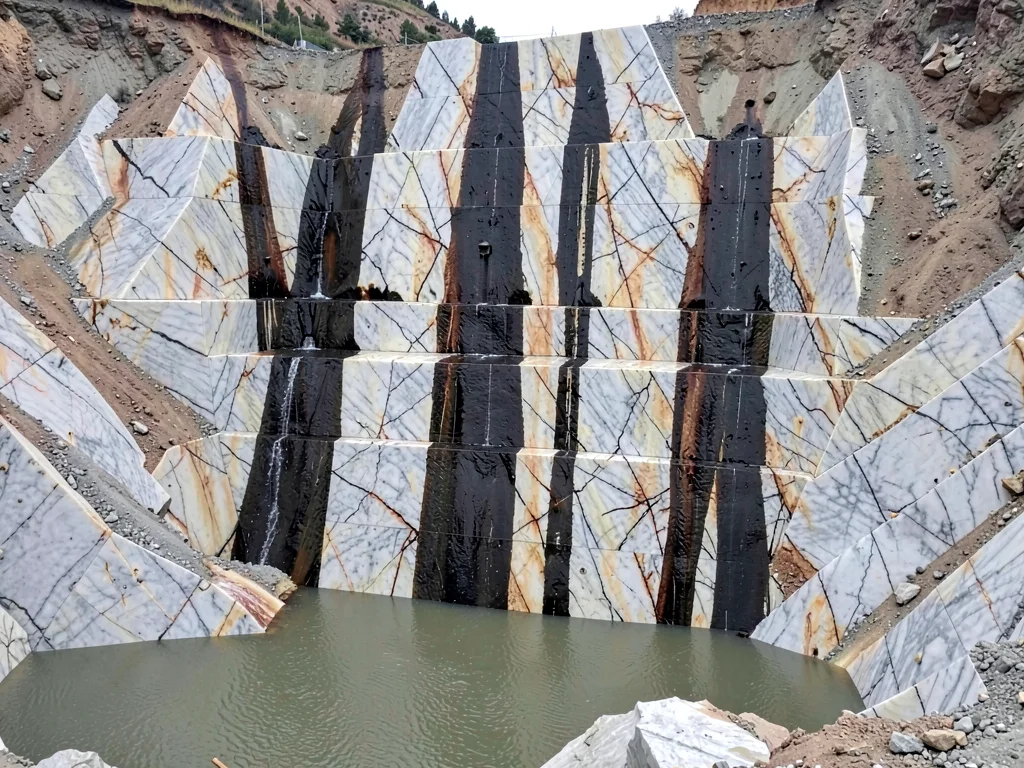 Water seeping from quarry face creating dark vertical