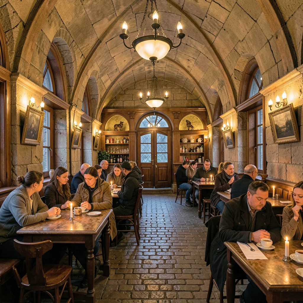Habsburg café warmth surviving in Lviv, Ukraine, candlelit restaurant cellar wit