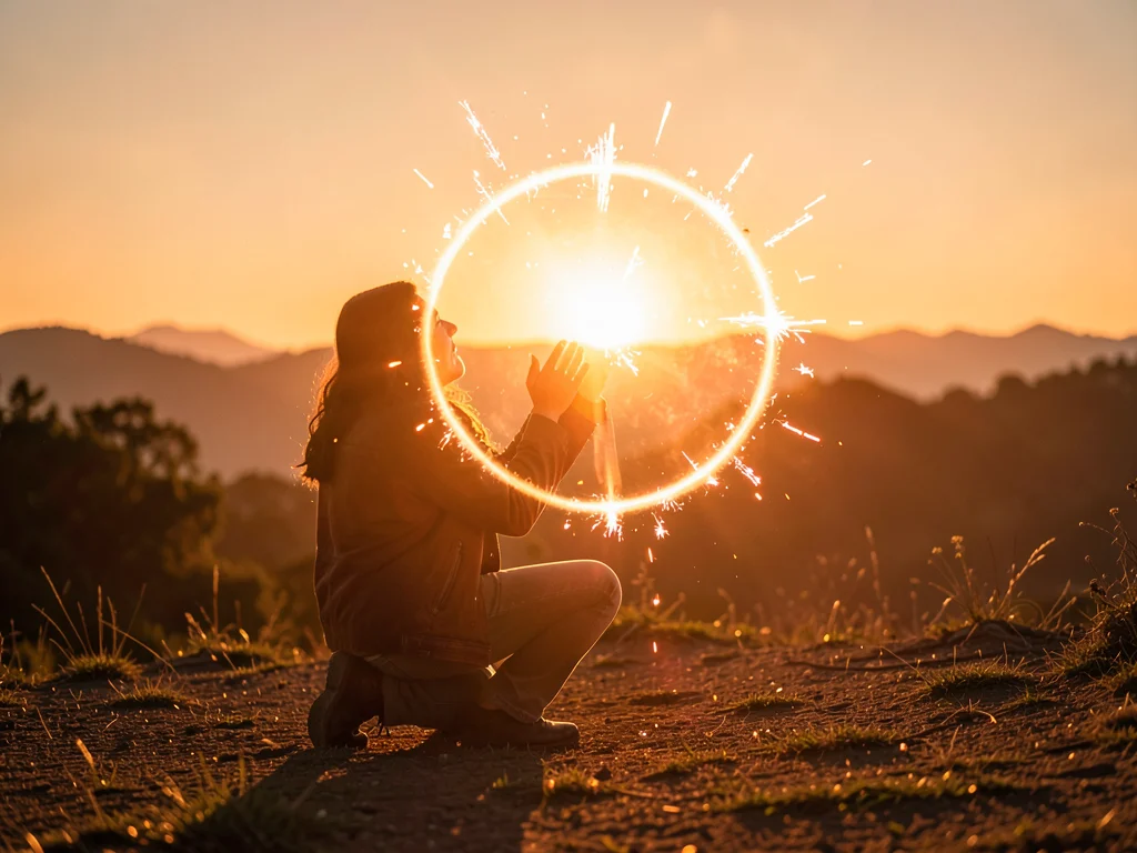 Person on one knee on hillside, golden hour making ring explode with light, part