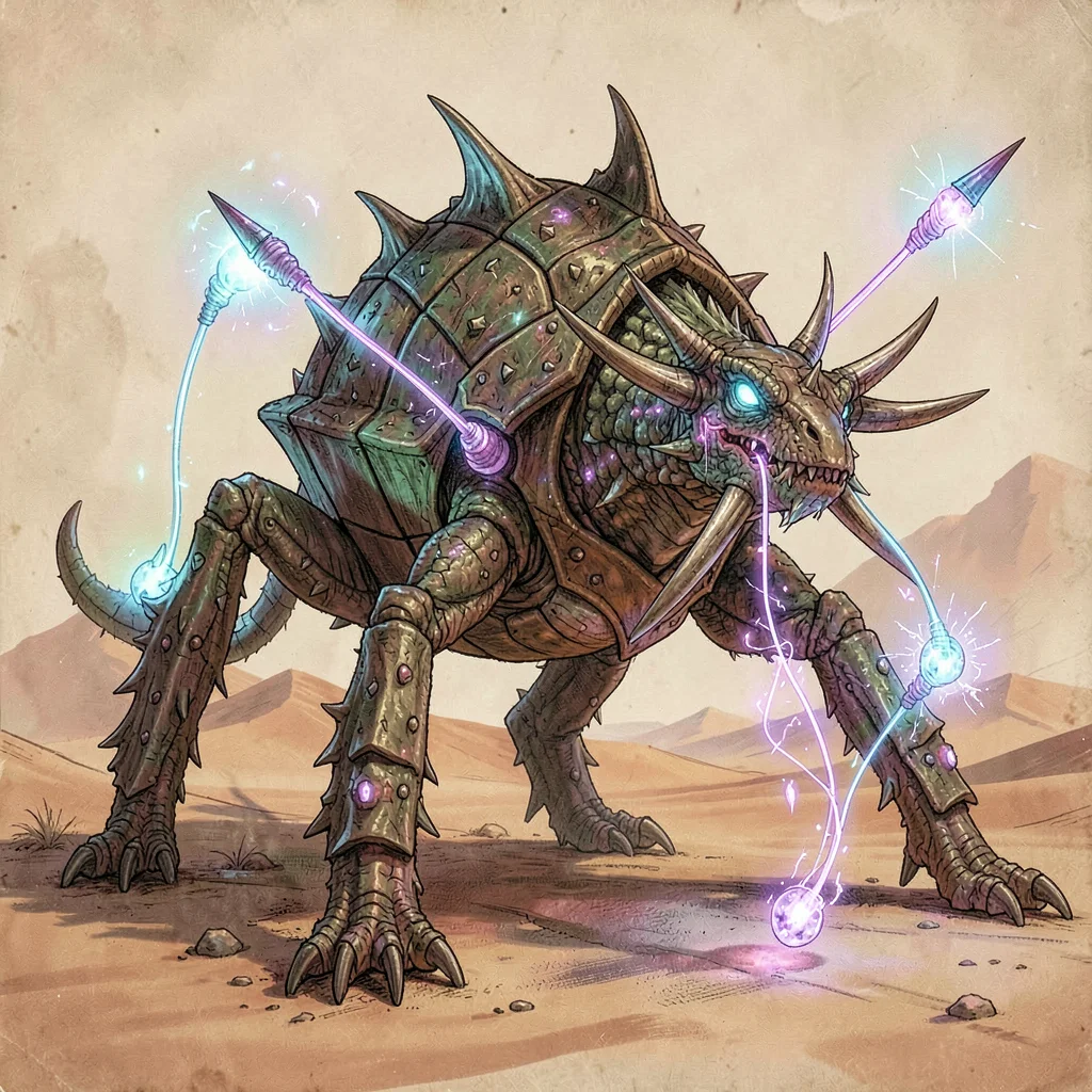 Fantasy creature illustration, a six-legged predator with bioluminescent lures a
