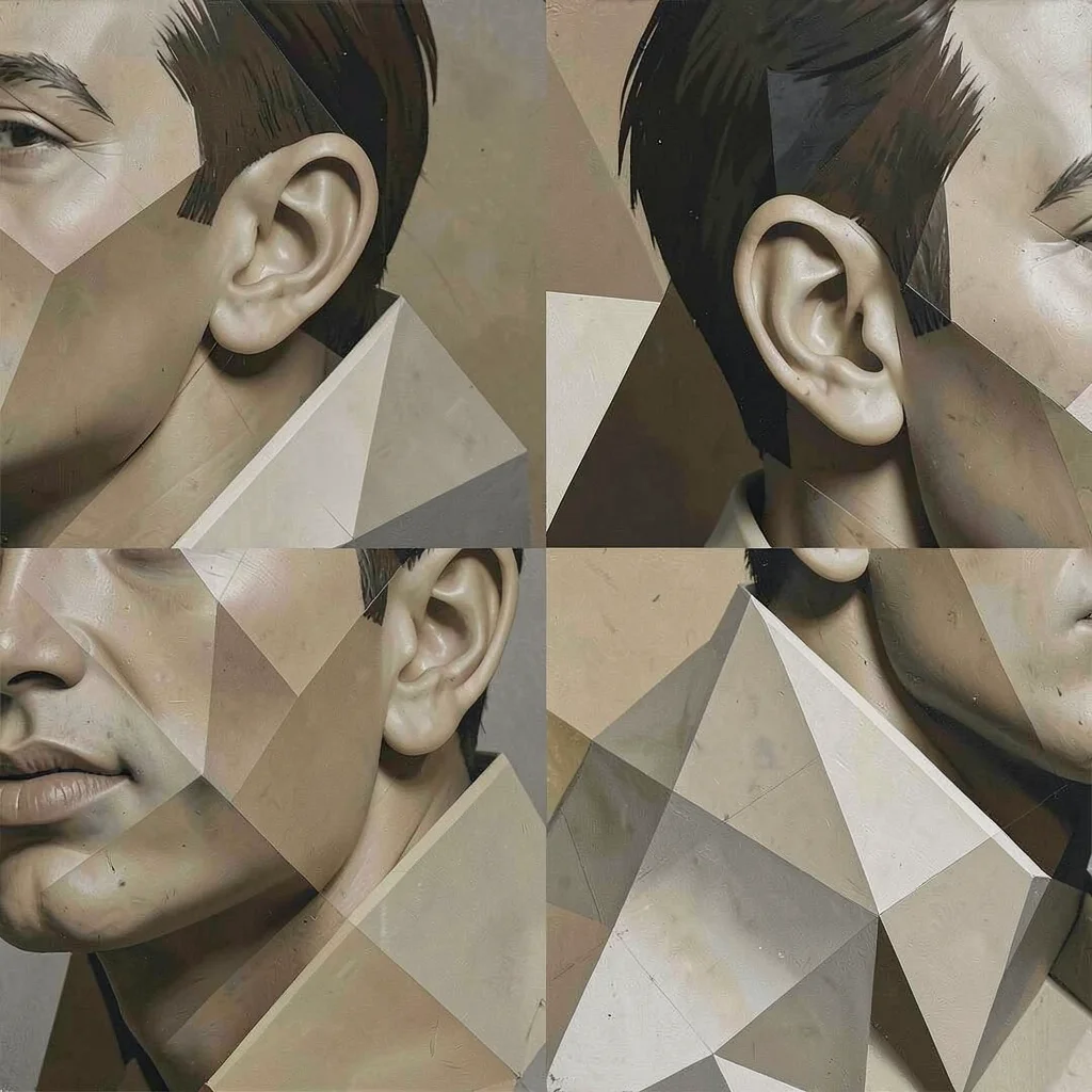 Close-up of a man's jaw, ear, and collar arranged as simultaneous angular planes