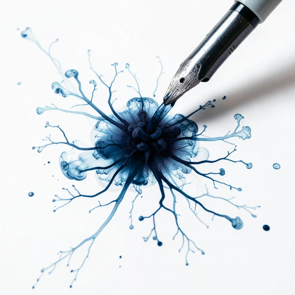 Fountain pen ink bloom from an oversaturated nib touching paper, the initial bur