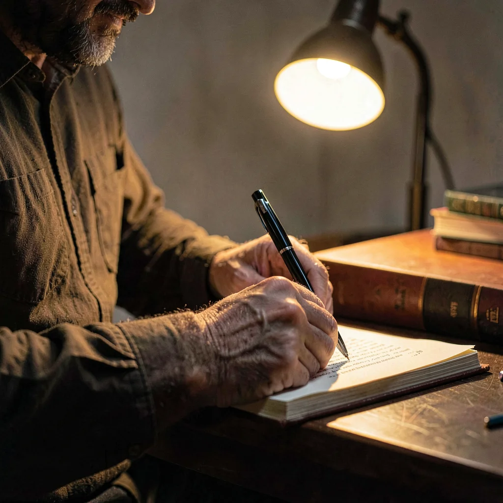 Studio portrait of a novelist's hands annotating a manuscript, warm lamp pool
