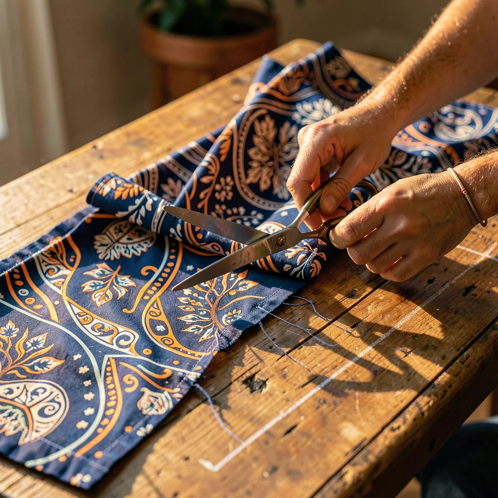 Saturated textile-rich photograph, Scissors cutting through wax print fabric on 