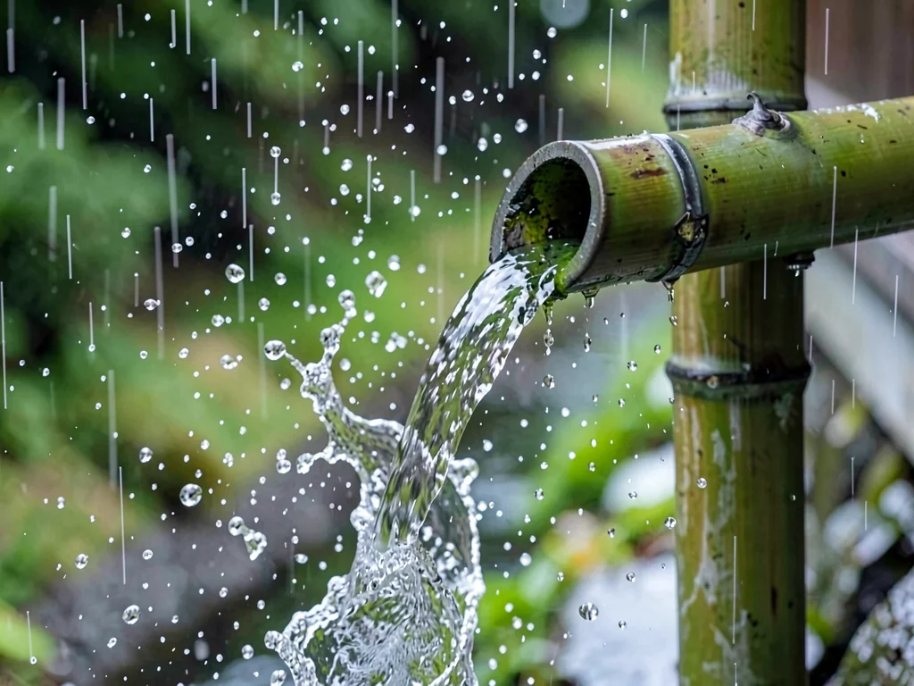Rain stream from bamboo gutter