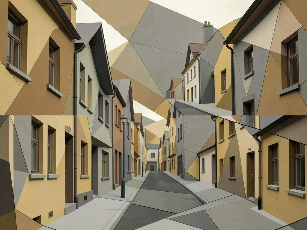 Row of houses on a narrow street — facades folded into angular simultaneous plan