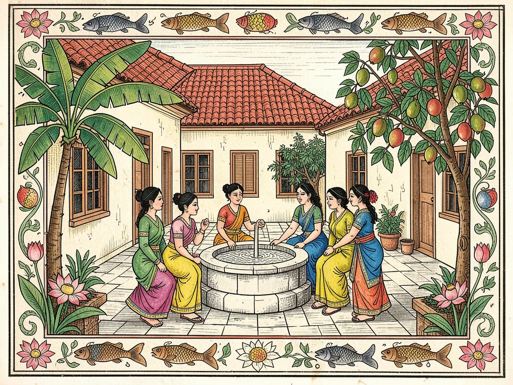 Village courtyard scene — women around a well, banana and mango trees at corners