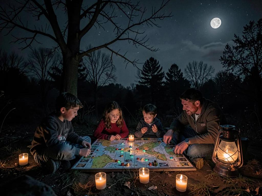 Family playing board game during blackout, hurricane lantern and scattered tea l