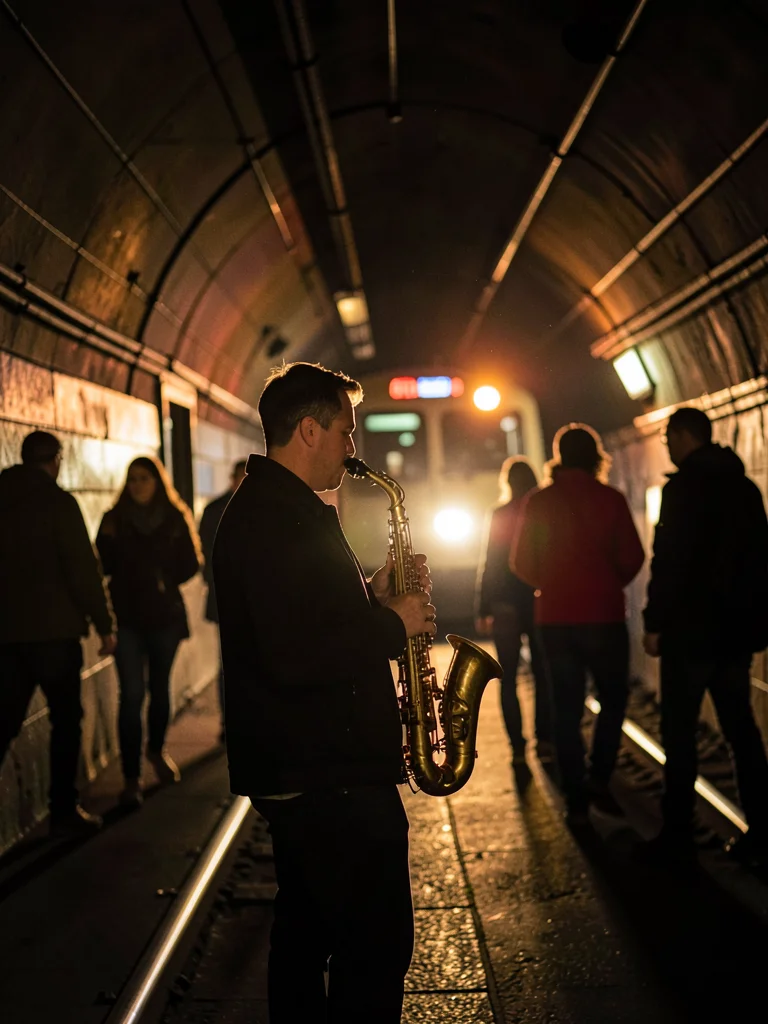 Busker playing saxophone in subway tunnel, backlit by train lights approaching, 