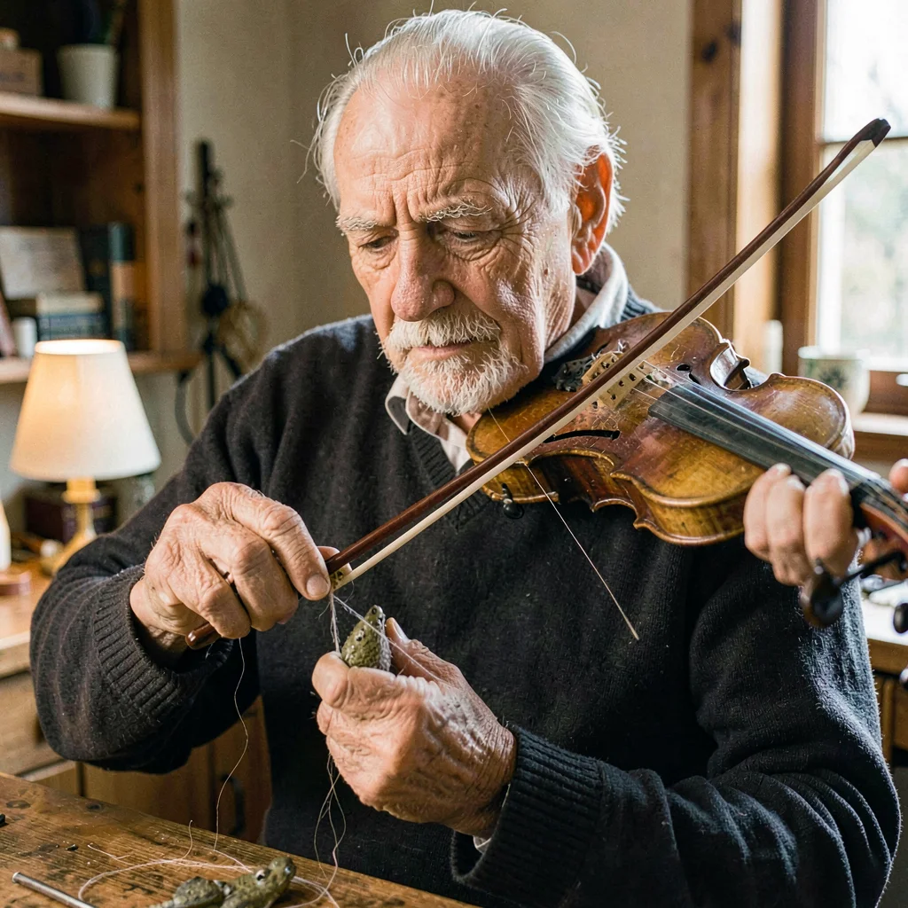 A determined elder white violin-bow rehairer in his seventies pulling horsehair 