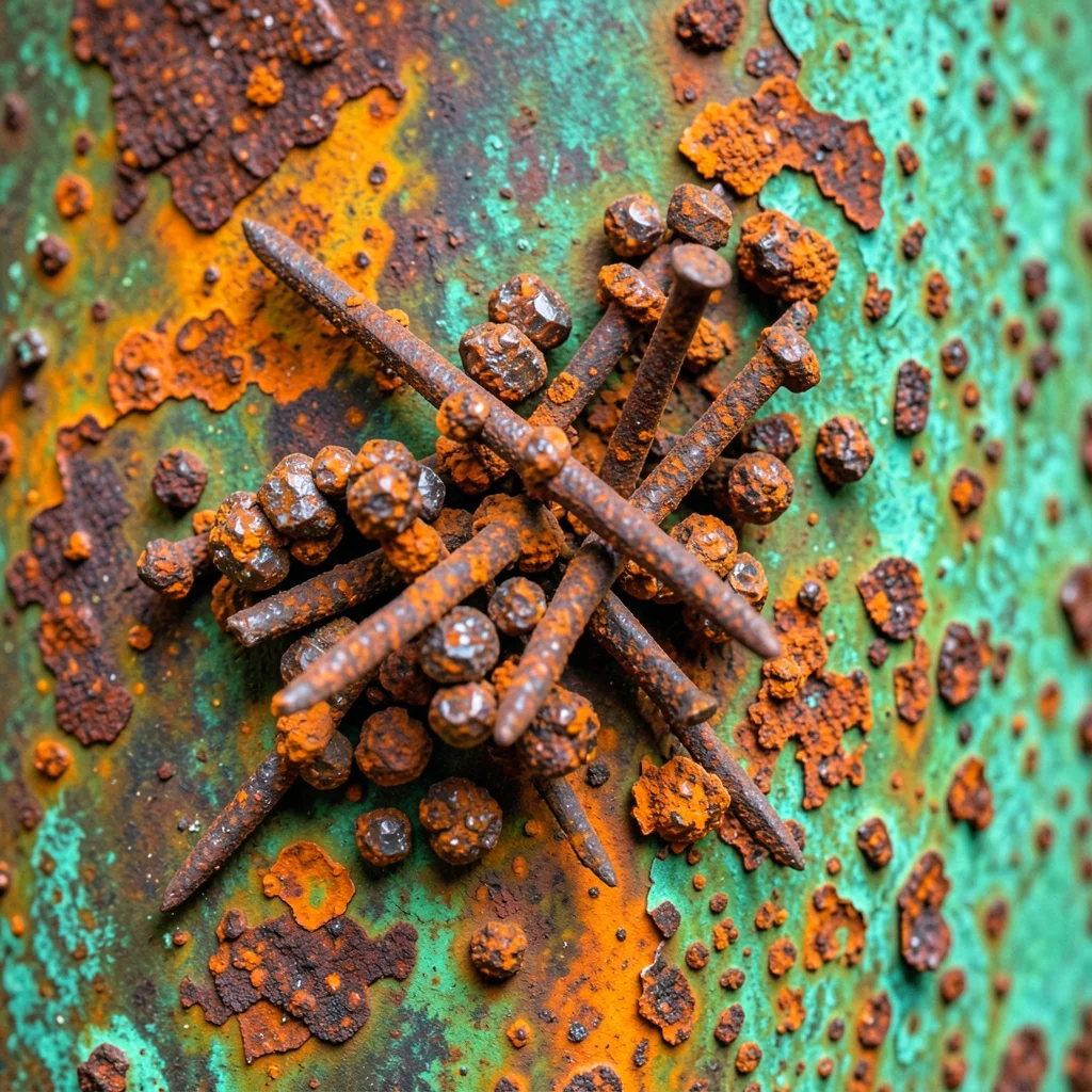 Iron nail cluster heavily rusted, orange oxide flaking and bubbling, crystalline