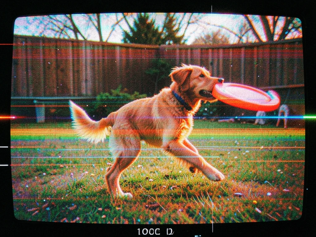 A family dog catching a frisbee in a backyard, the dog's body smeared across hor